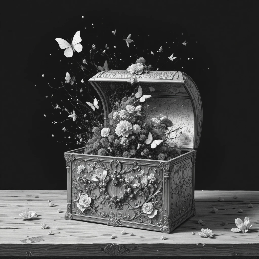 Pandoras urn releasing dark ink chaos and white butterflies
