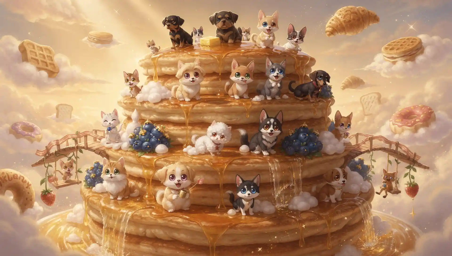 Whimsical Pancake Tower Floating In A Golden Fantasy Sky