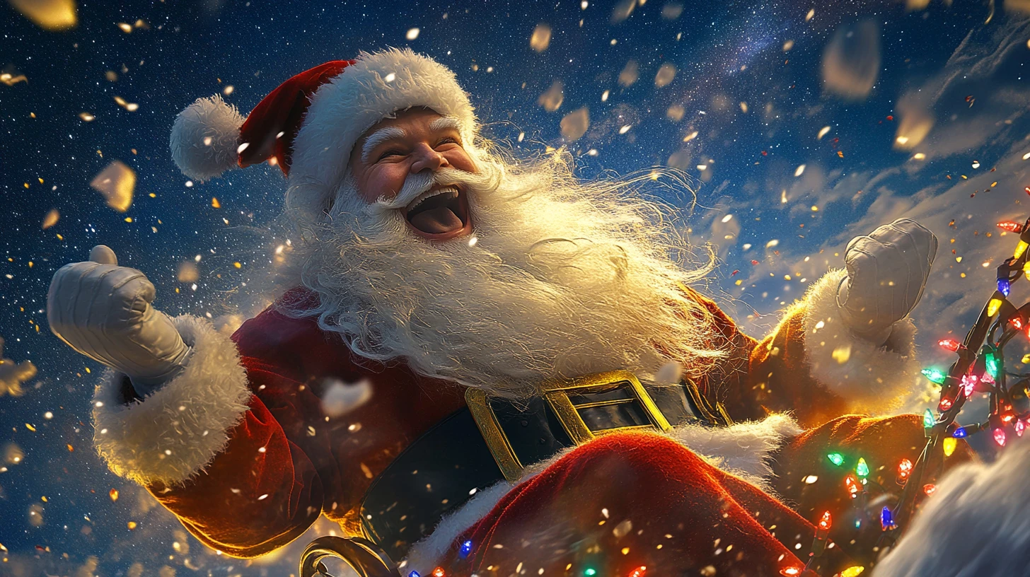 Babbo Natale che ride sulla slitta nel cielo notturno stellato