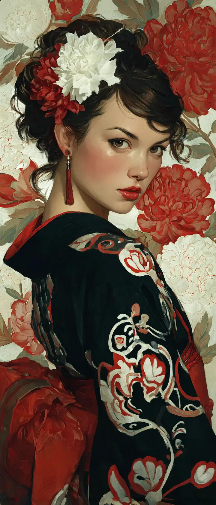 Elegant portrait of a geisha in a floral black kimono