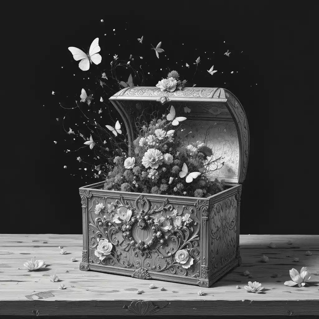 Pandoras urn releasing dark ink chaos and white butterflies