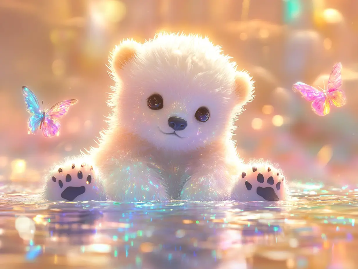 Cute baby polar bear in a magical reflective pool