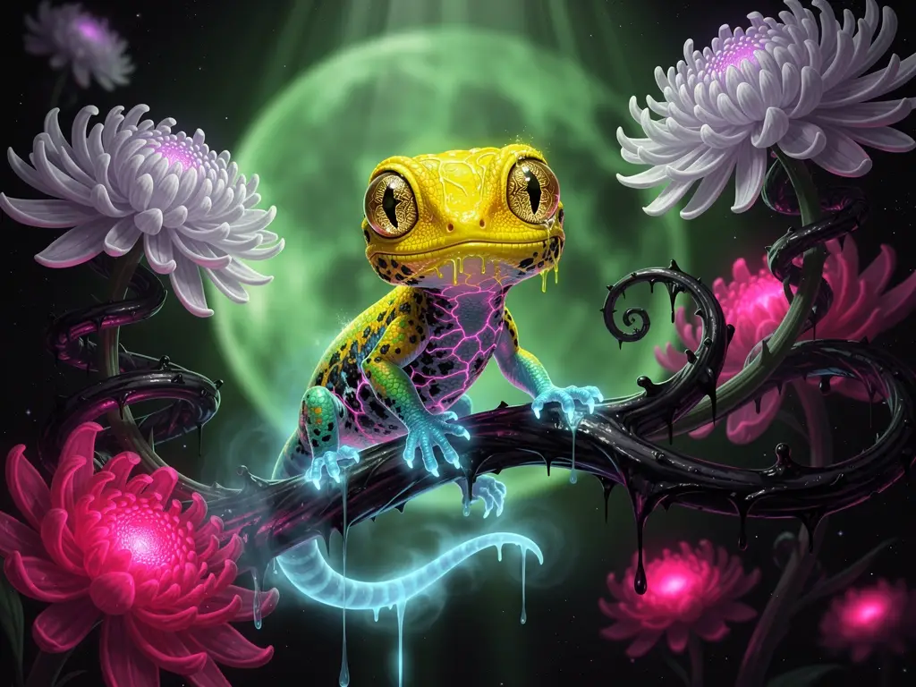 Psychedelischer Neon-Gecko auf schwebendem dunklem Ast im Nichts