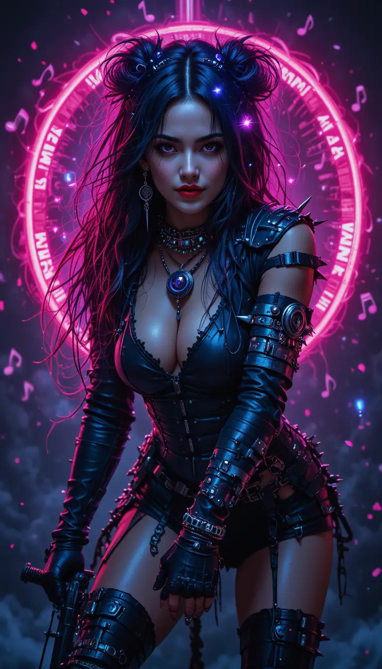 Rebellious punk warrior woman in a neon dark void