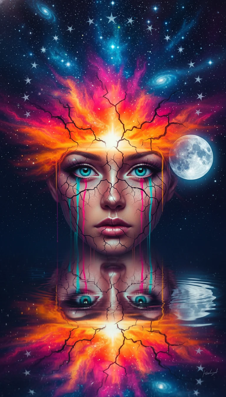 Surreal Woman Shattering Into Desert Cracks And Cosmic Sky