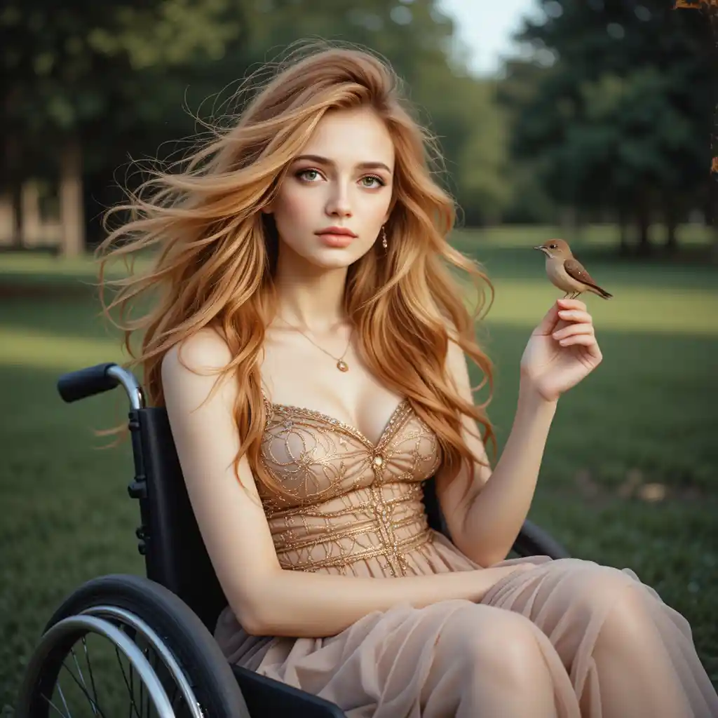 Red haired irish girl in wheelchair with bird in park