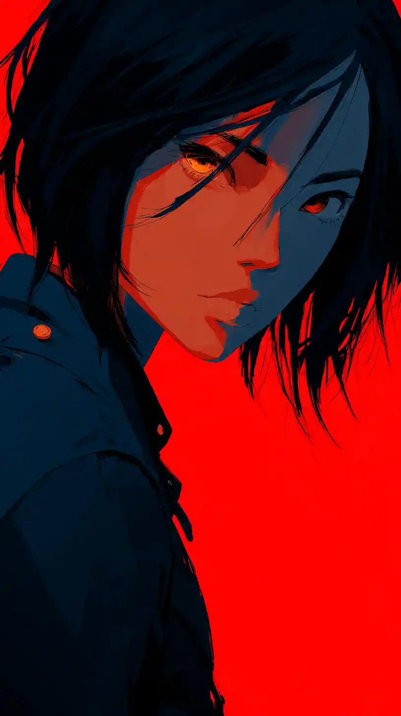 Anime girl in split red and blue dramatic lighting portrait