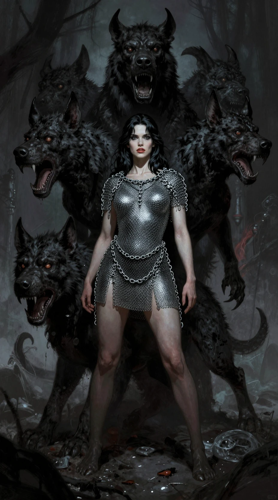 Dark fantasy woman with cerberus in chainmail armor