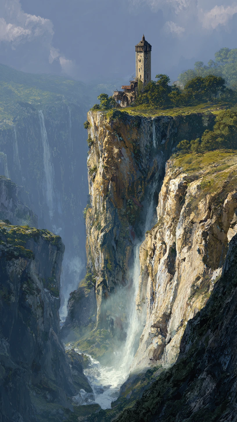Wizard tower carved into towering cliffs beside a waterfall
