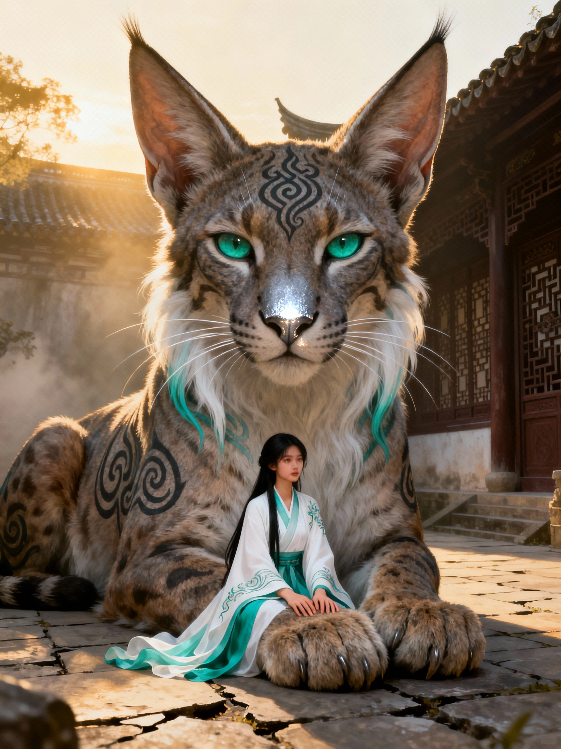 Mythischer Sphynx-Luchs-Wächter neben einer alten Innenhofhalle