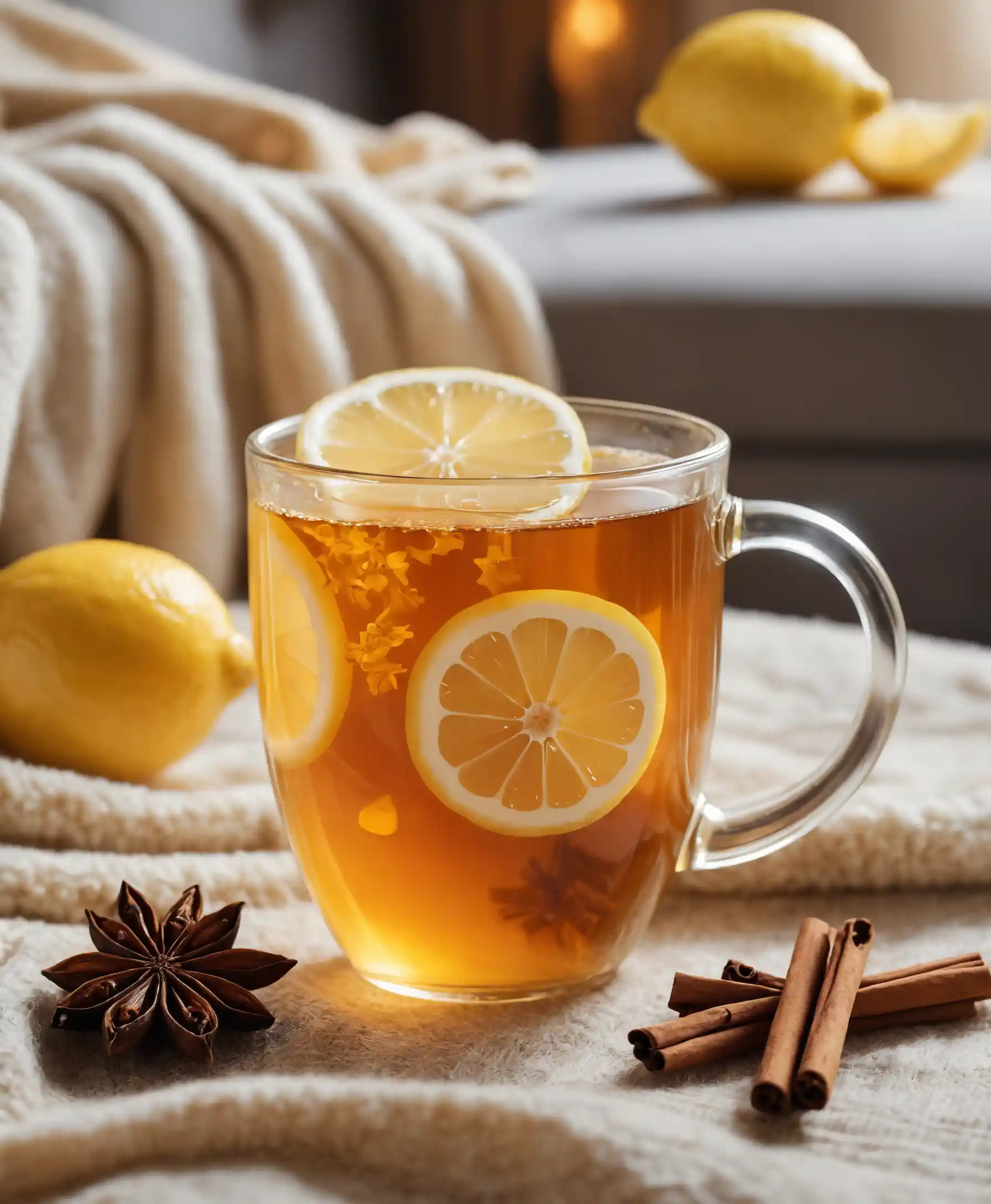 Glass mug of lemon tea with spices in cozy room