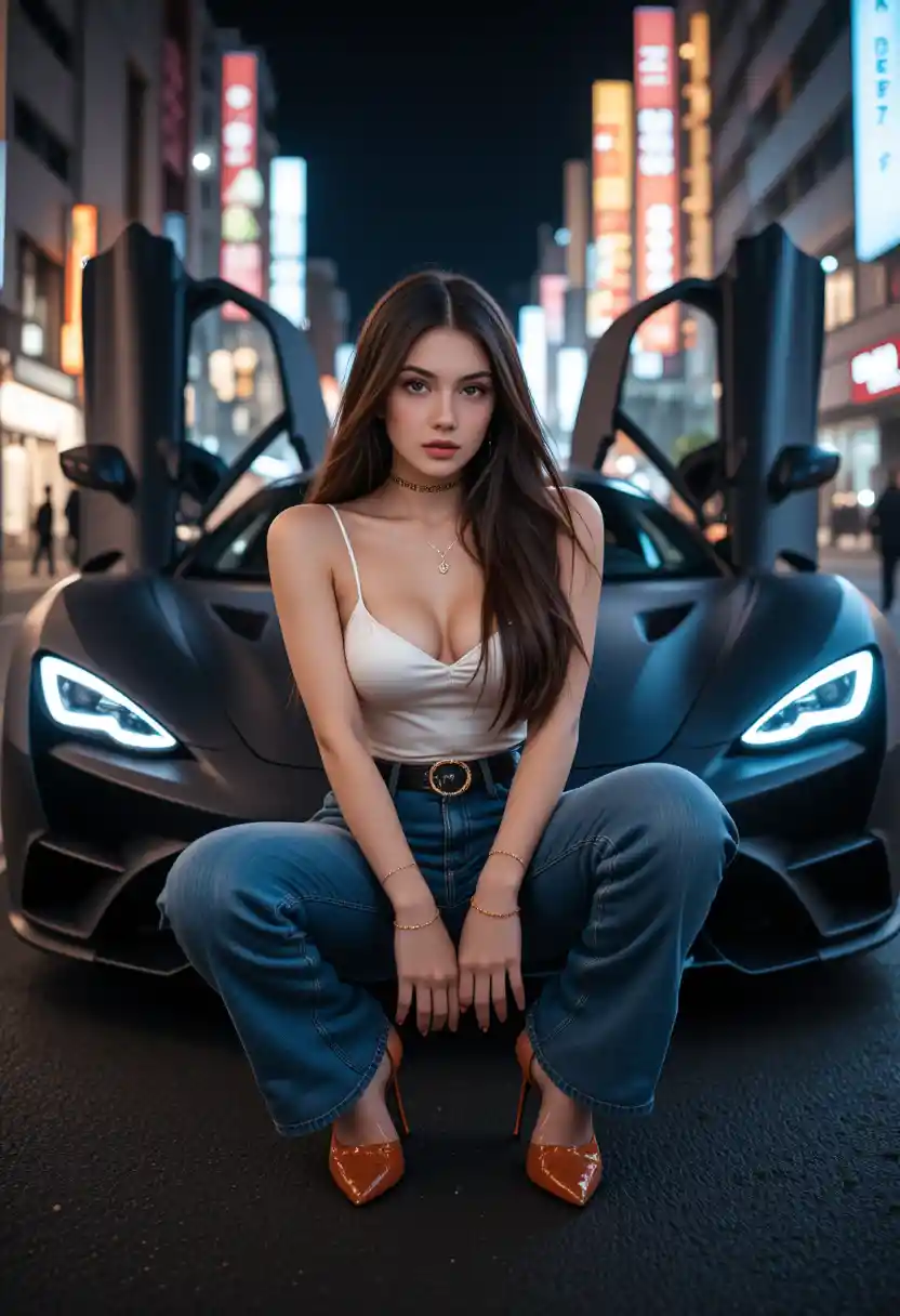 Stylish woman posing by futuristic sports car at night