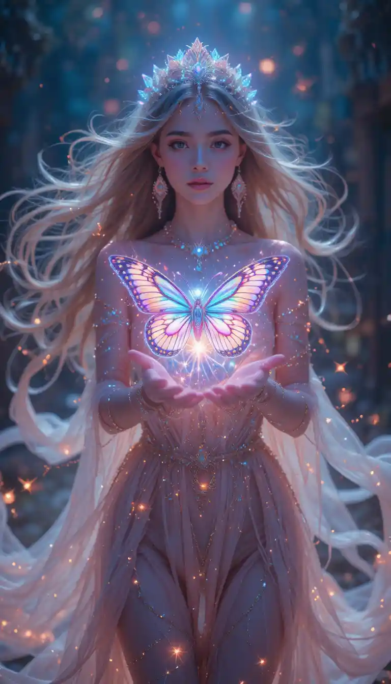 Ethereal goddess walking forward in glowing surreal light