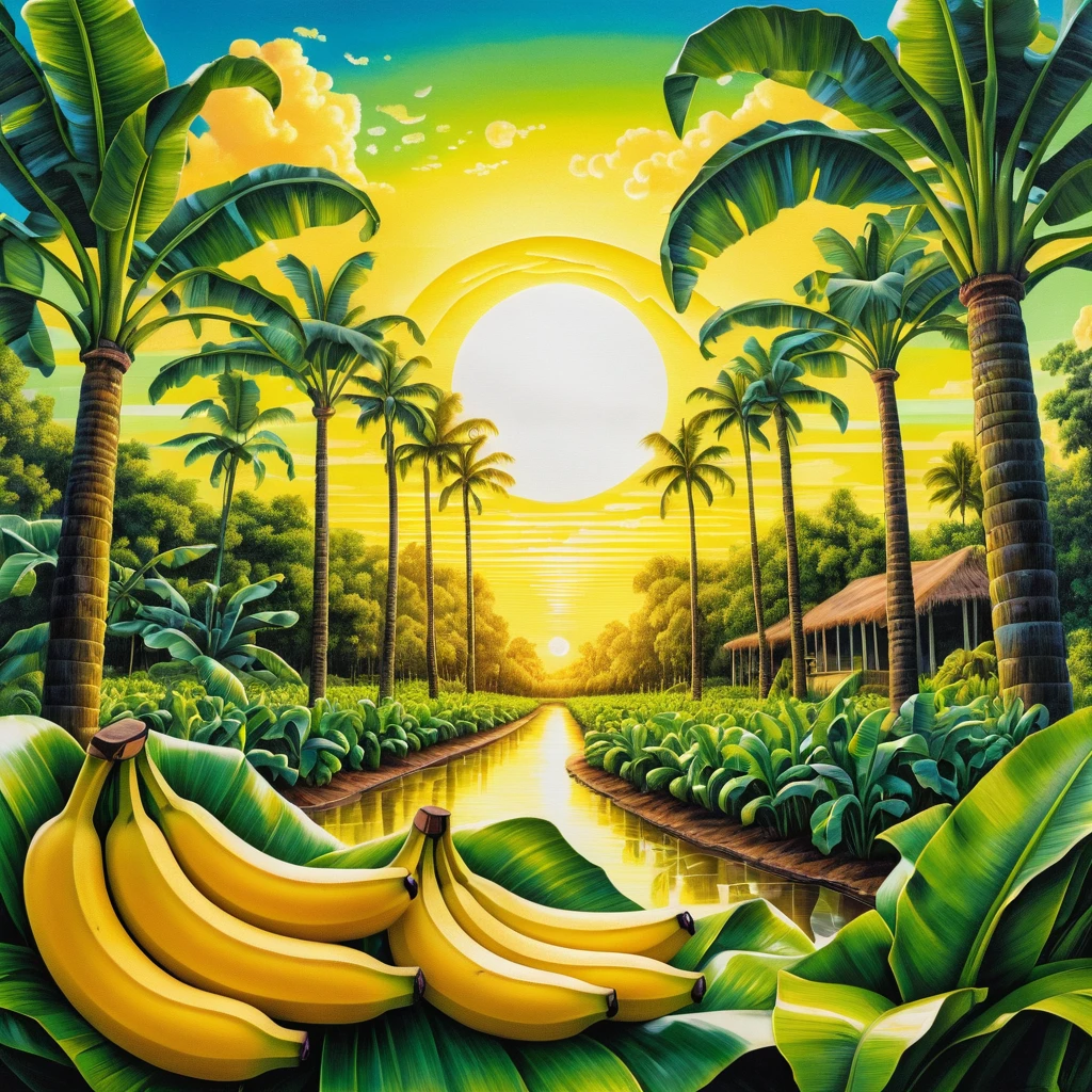 Surreal banana plantation at sunrise in neon yellow tones