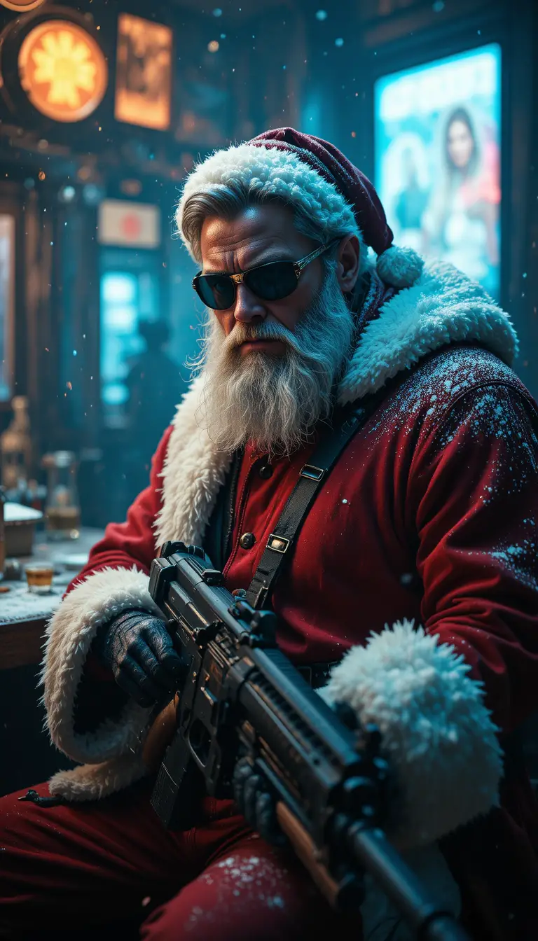 Rugged cyberpunk man with gun in a snowy bar