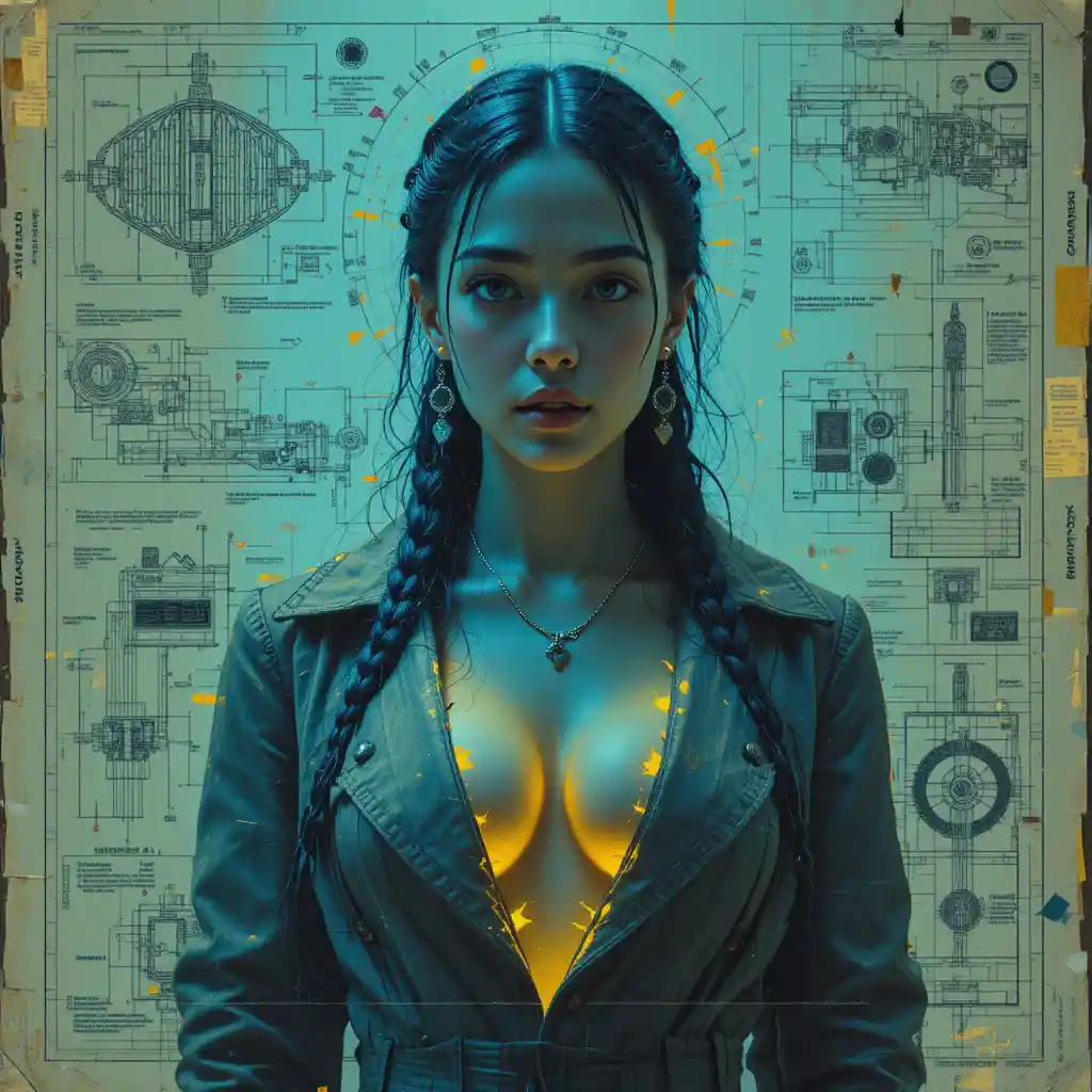 Surreal cyber noir portrait of woman in dissolving trench coat