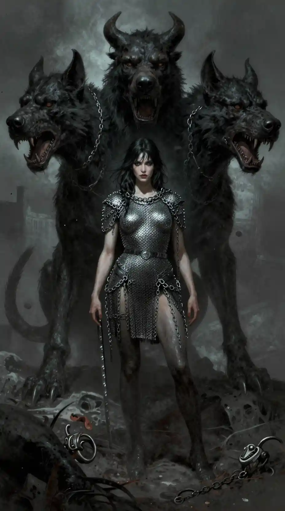 Femme dark fantasy avec Cerbère en armure de cotte de mailles