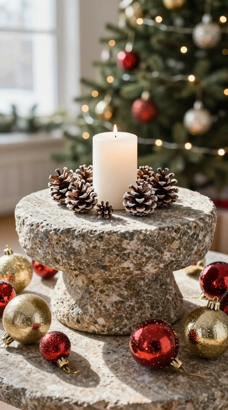 Décor rustique de bougie de Noël avec ornements et pommes de pin