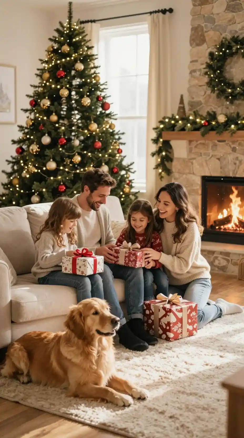Happy family opening Christmas gifts in cozy living room