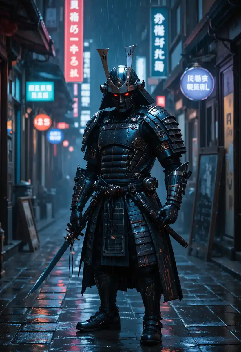 Stoic samurai robot guarding a rainy neon city alley