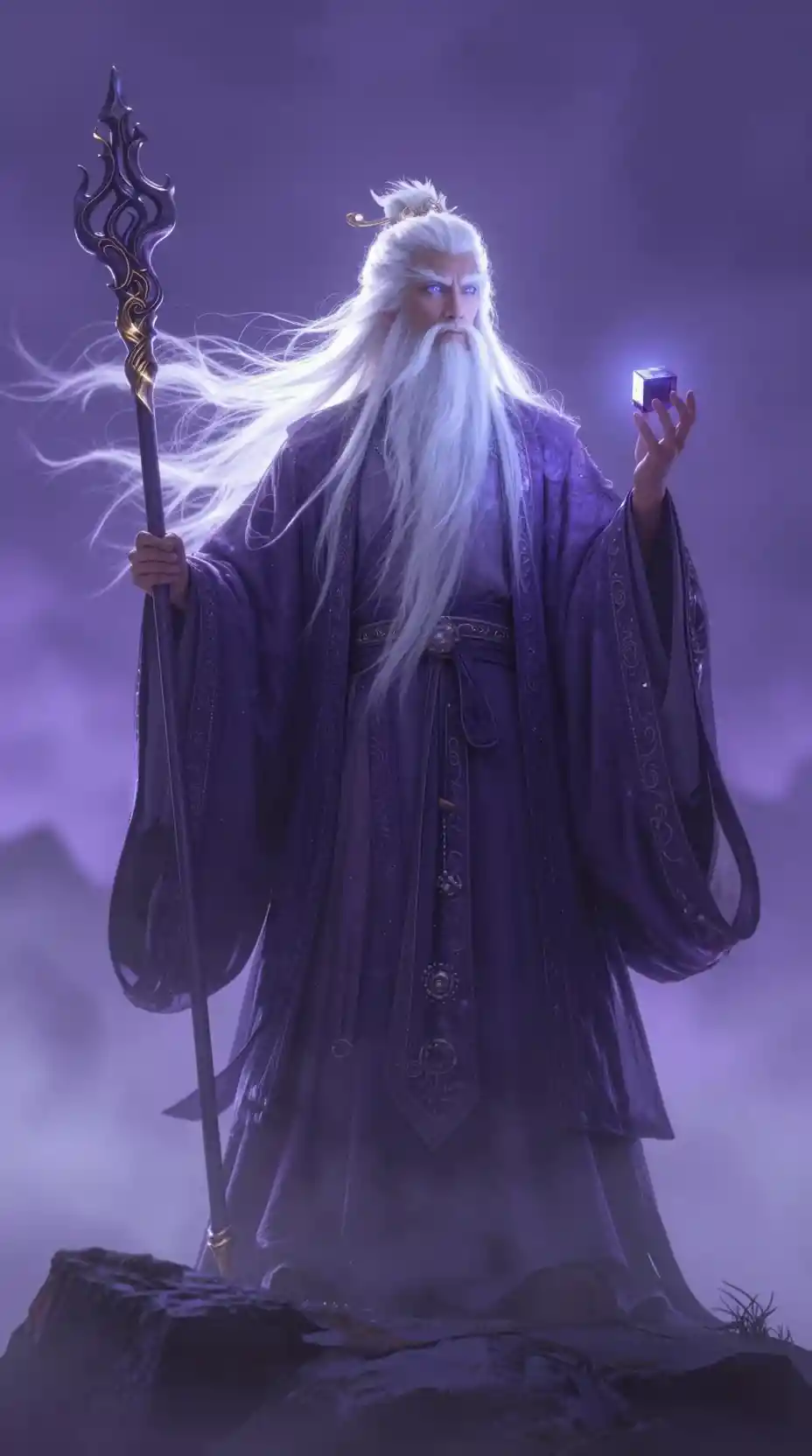 発光するオーラをまとう霧の山の神秘的な魔法使い