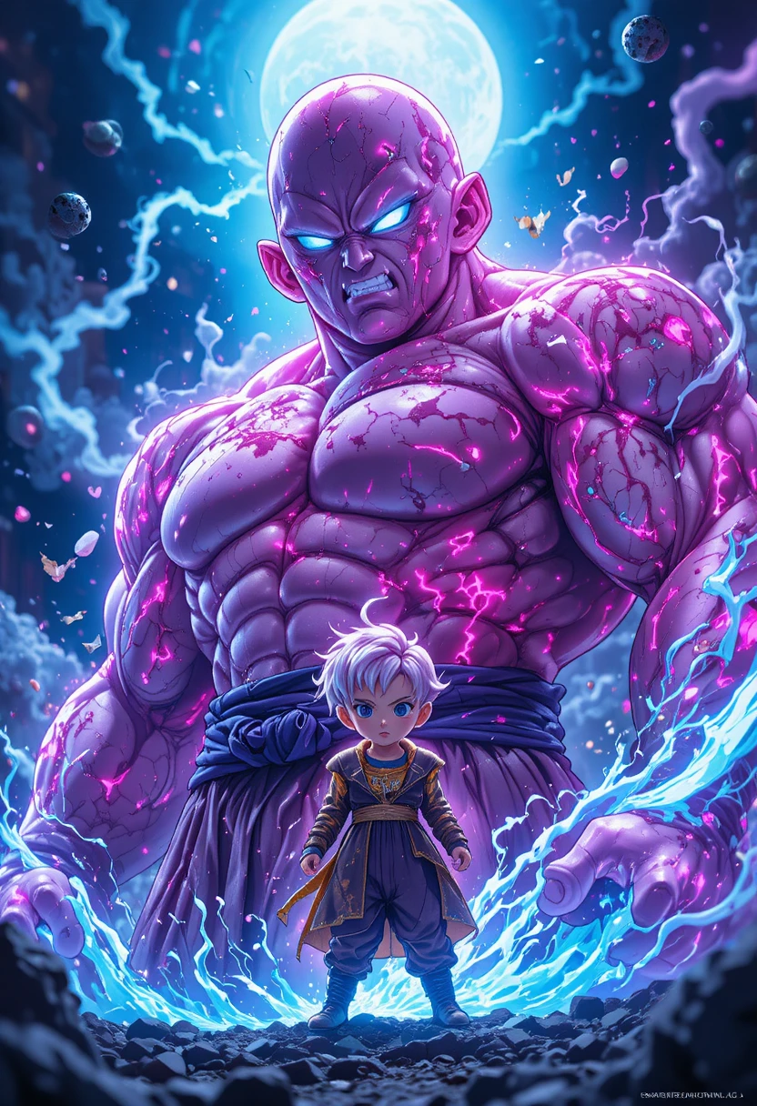 Ilustración de anime con una dramática exhibición del personaje Majin Buu