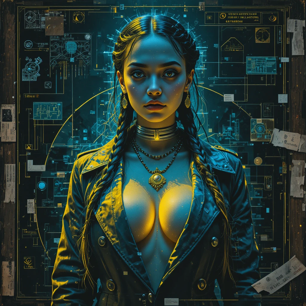 Surreales Cyber-Noir-Porträt einer mächtigen leuchtenden Frau