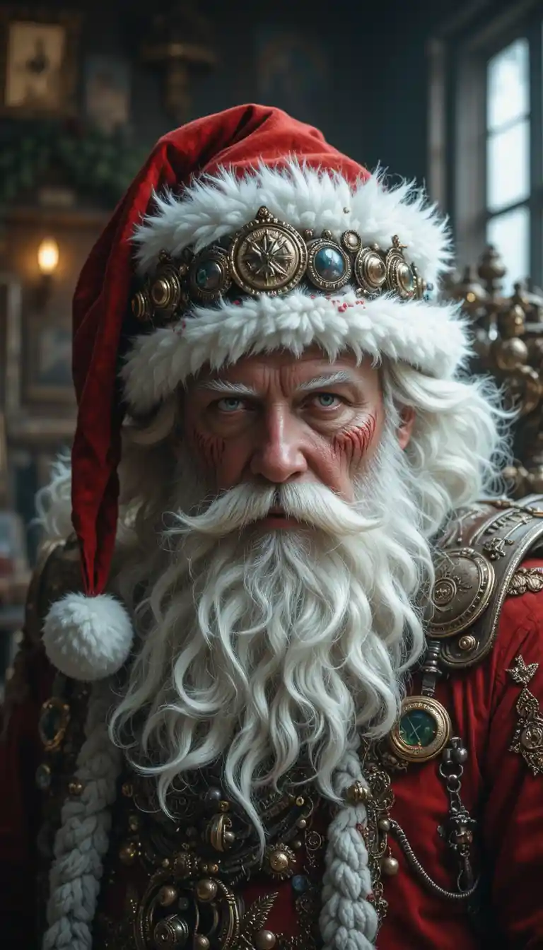 Portrait brutal d’un Père Noël cyberpunk dans un monde post-apocalyptique