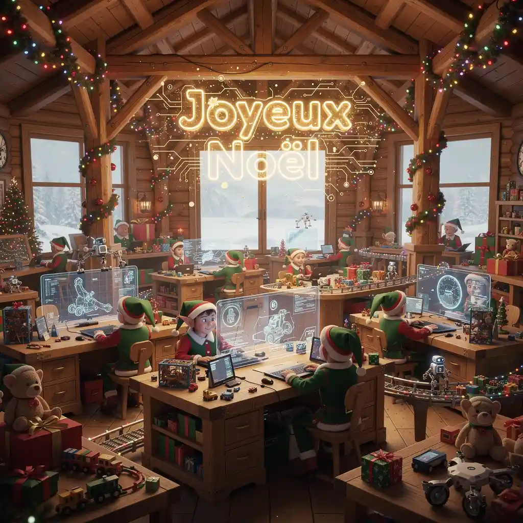 High tech santa workshop interior with busy christmas elves
