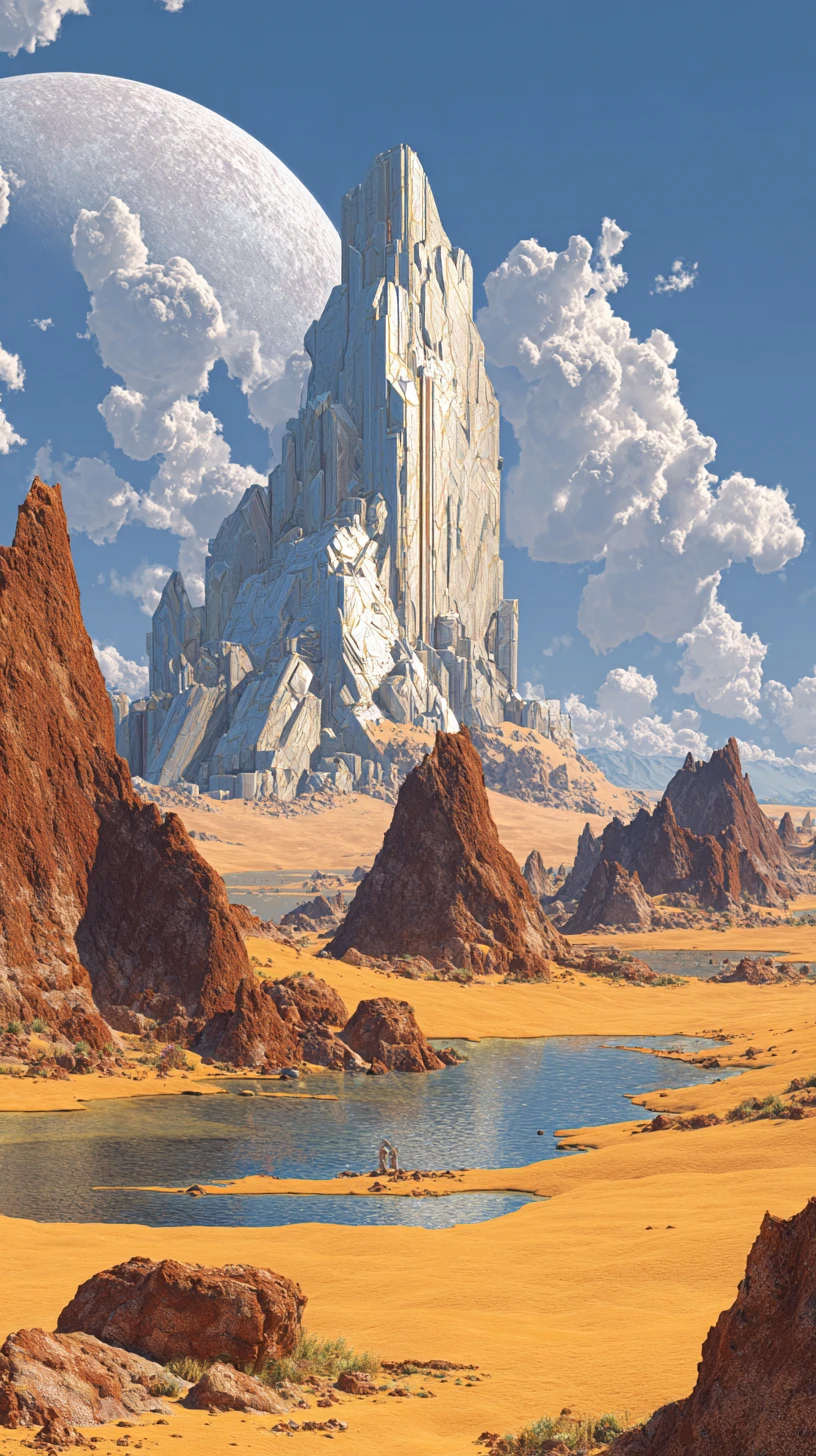 Surrealer Alien-Monolith über goldener Wüste und stillem See