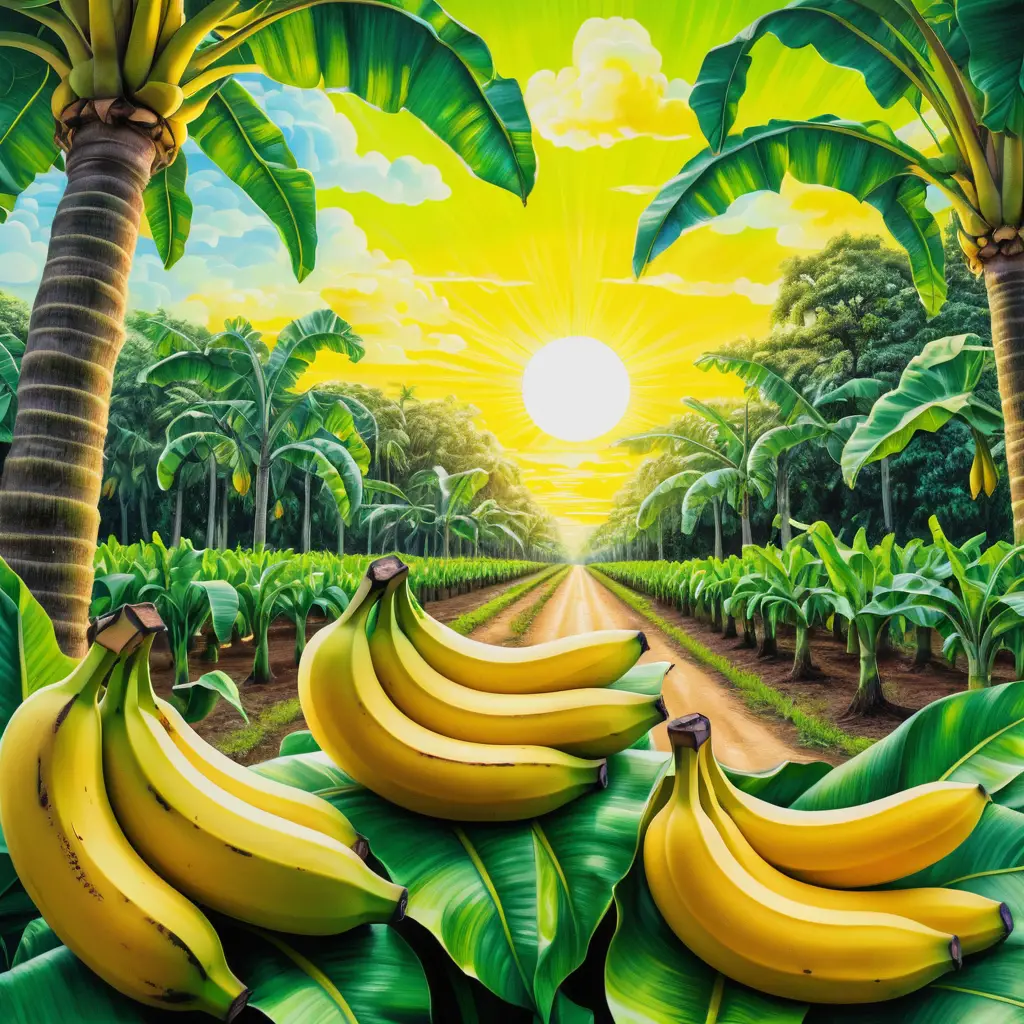 Surreal banana plantation at sunrise in neon summer colors
