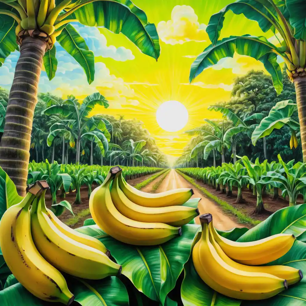 Piantagione di banane surreale all’alba in colori estivi al neon