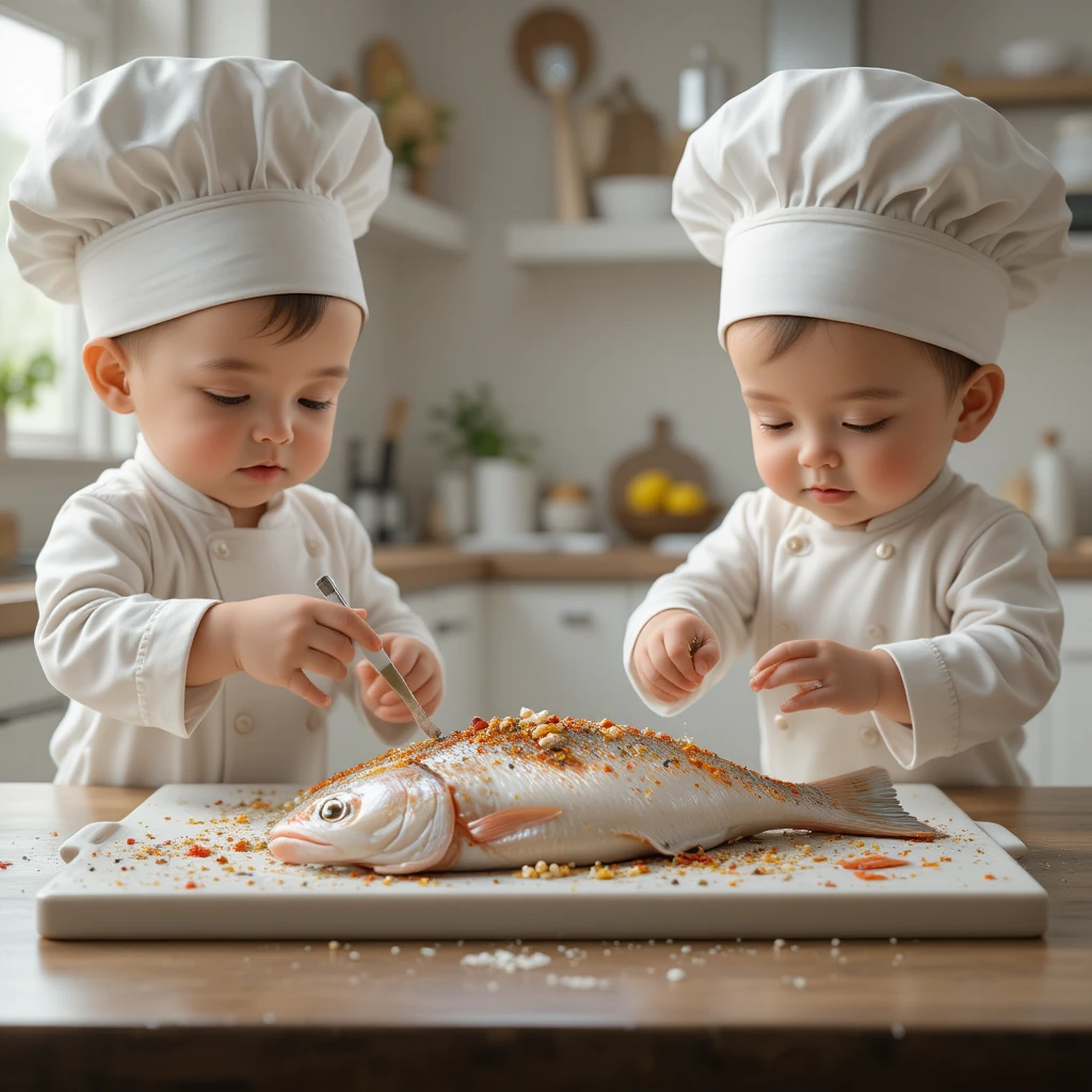 Adorable baby chefs seasoning fish in a bright kitchen