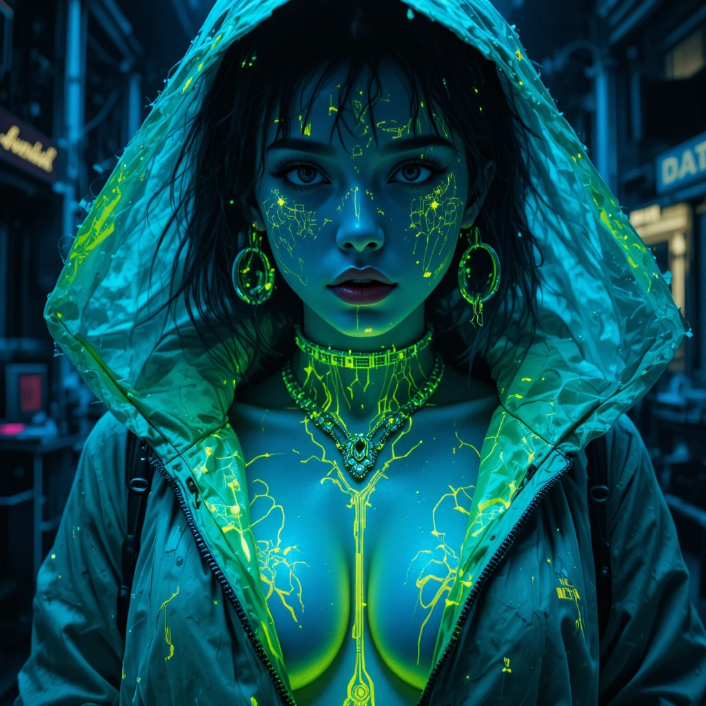 Femme cyberpunk se dissolvant en signal numérique lumineux