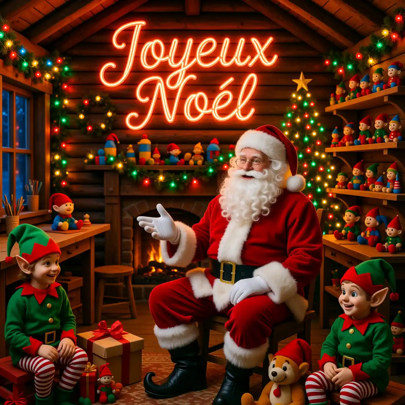 Santa workshop interior with busy elves and neon greeting