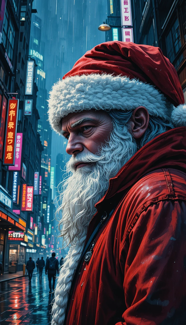 Babbo Natale cyberpunk in una strada cittadina piovosa illuminata al neon