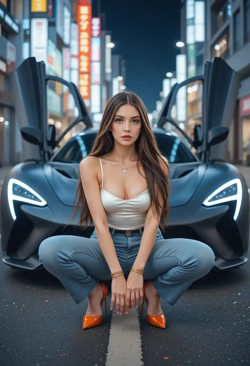 Woman posing by futuristic sports car on city street