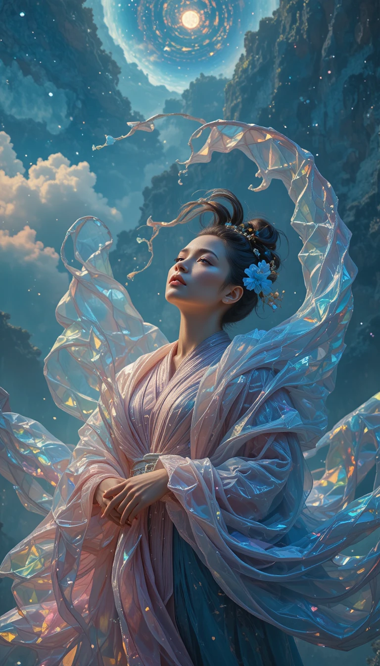 Woman in iridescent spiral robe gazing toward the sky