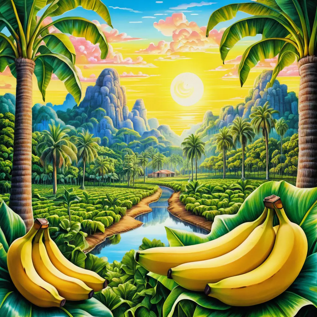 Surreal banana tree plantation at sunrise in neon colors