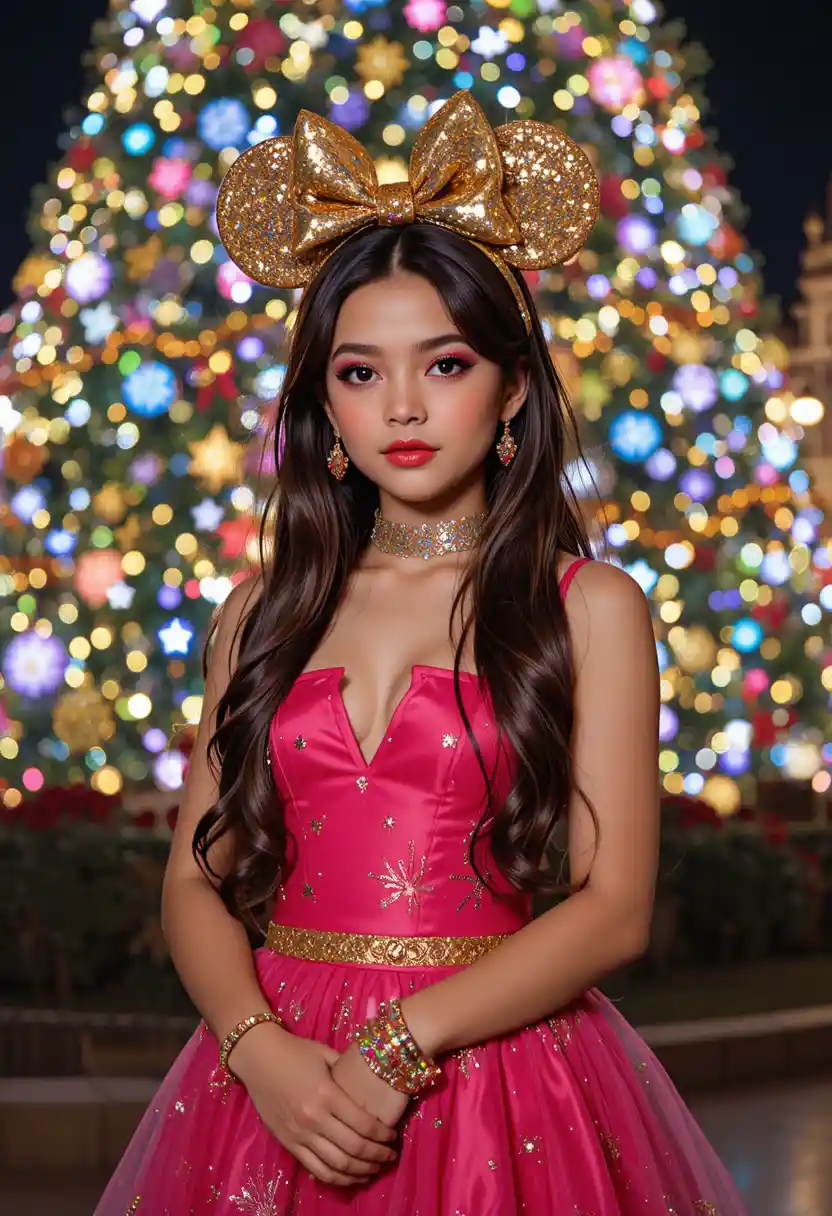 Junge im rosa Kleid vor Weihnachtsbaum im Freizeitpark