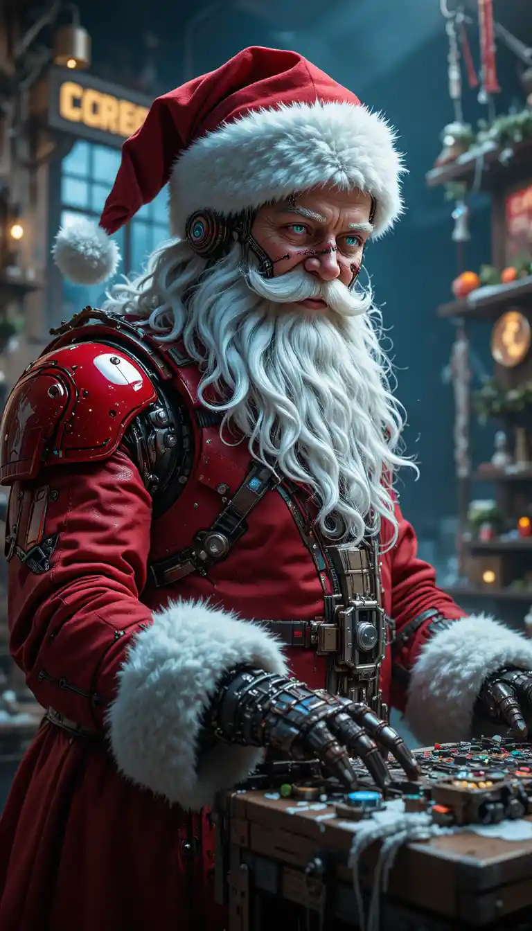 Joyful cybernetic robot Santa at the snowy North Pole