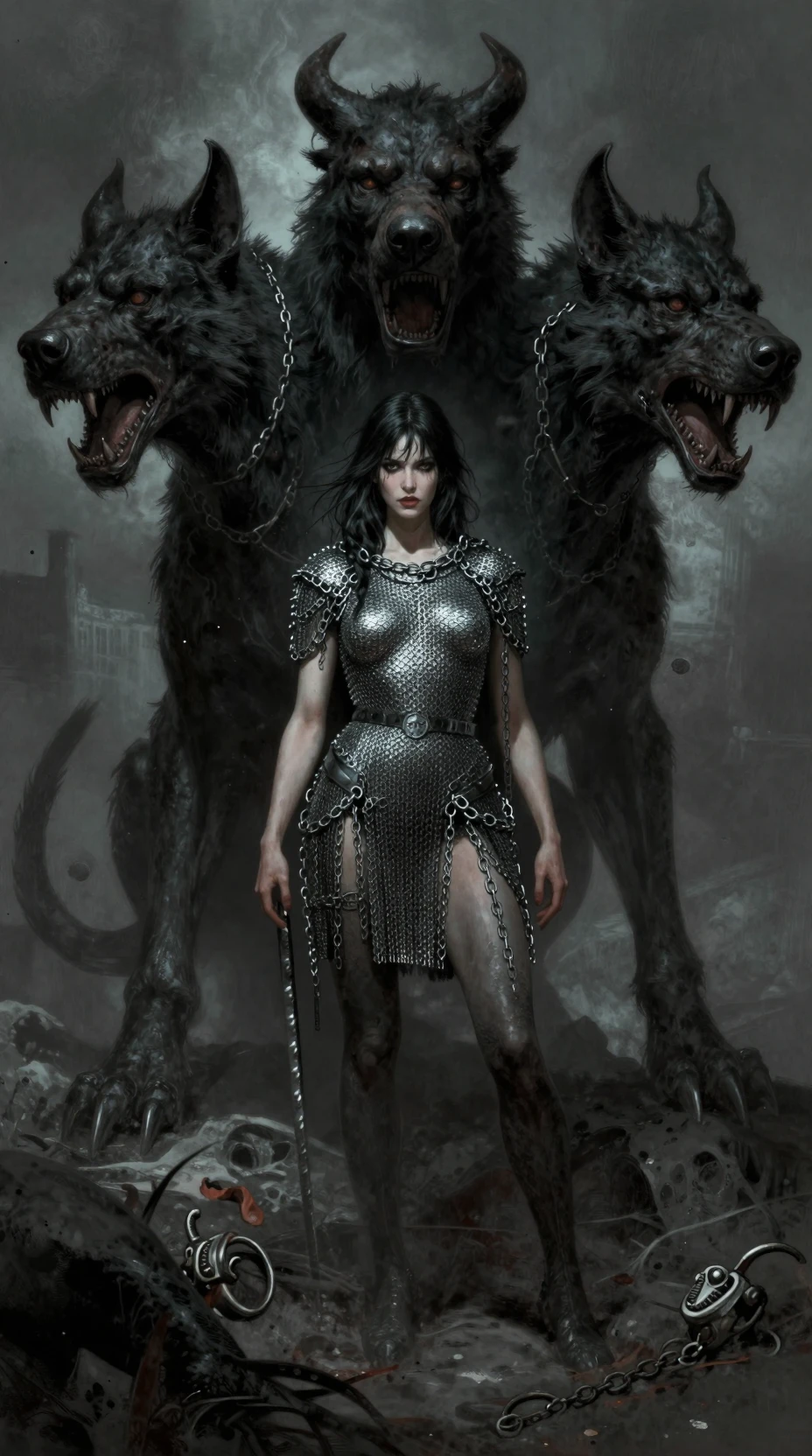 Femme dark fantasy avec Cerbère en armure de cotte de mailles