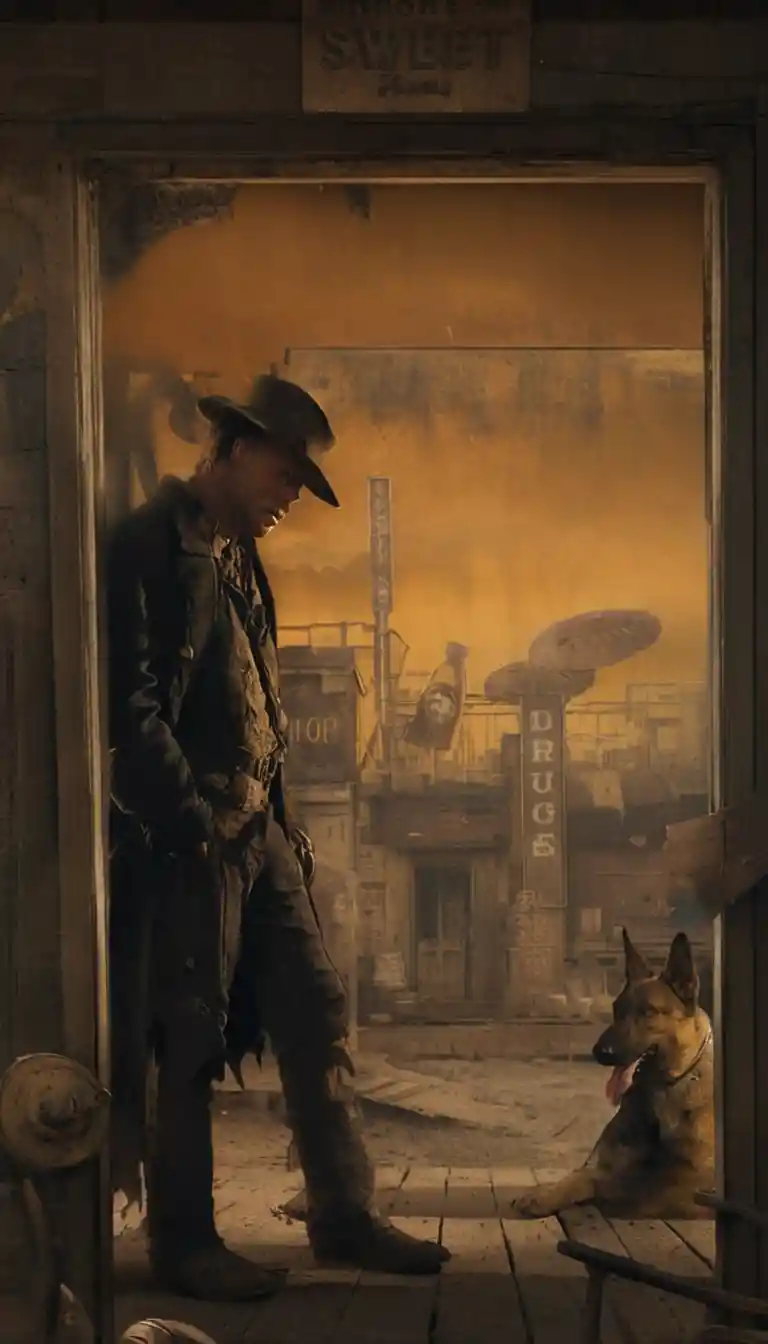 Cowboy sfigurato e cane in una polverosa strada del West