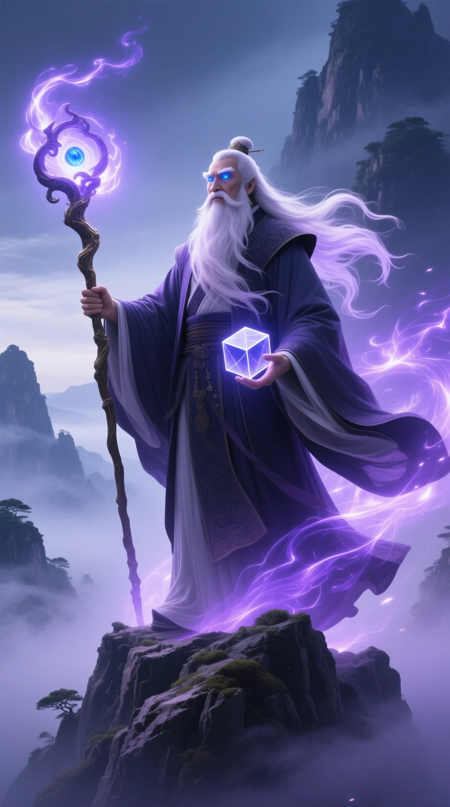 Mystical eastern wizard on a misty mountain peak