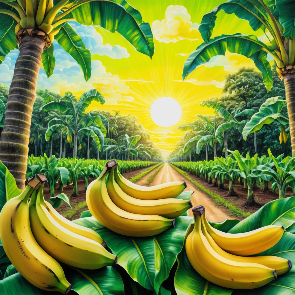 Piantagione di banane surreale all’alba in colori estivi al neon