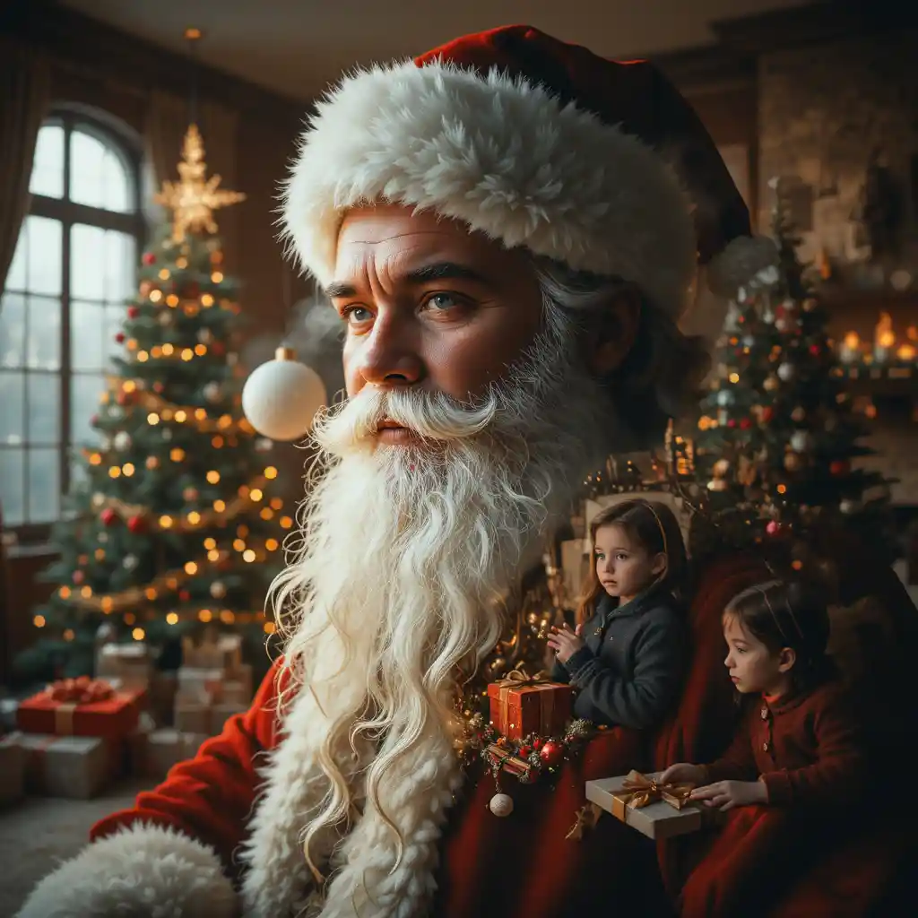 Double exposure portrait of Santa with cozy Christmas room