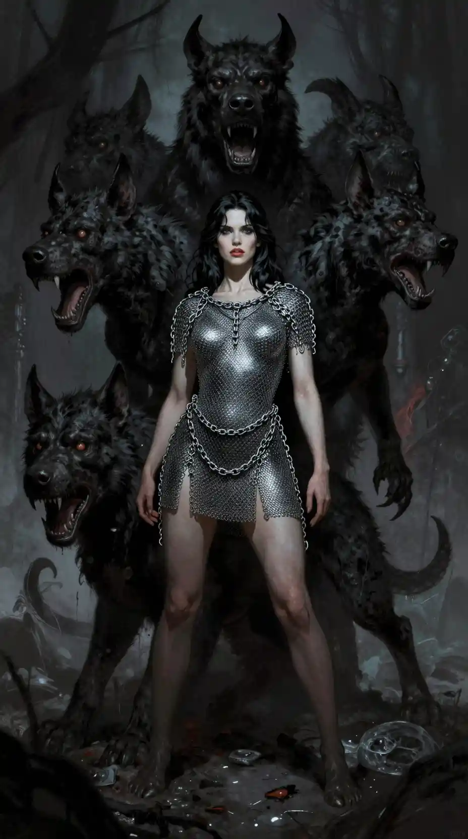 Dark fantasy woman with cerberus in chainmail armor