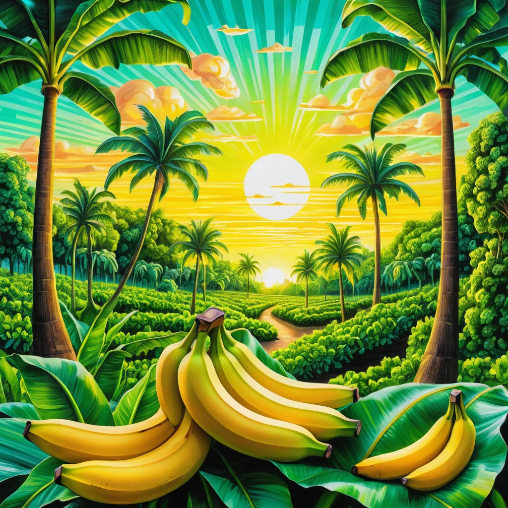 Surreal Banana Trees At Sunrise In Neon Summer Plantation