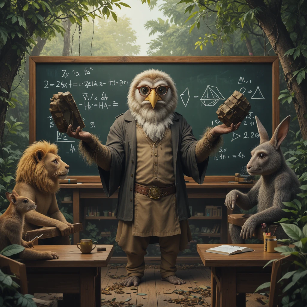 Anthropomorpher Vogel-Lehrer gibt Matheunterricht im Dschungel-Klassenzimmer
