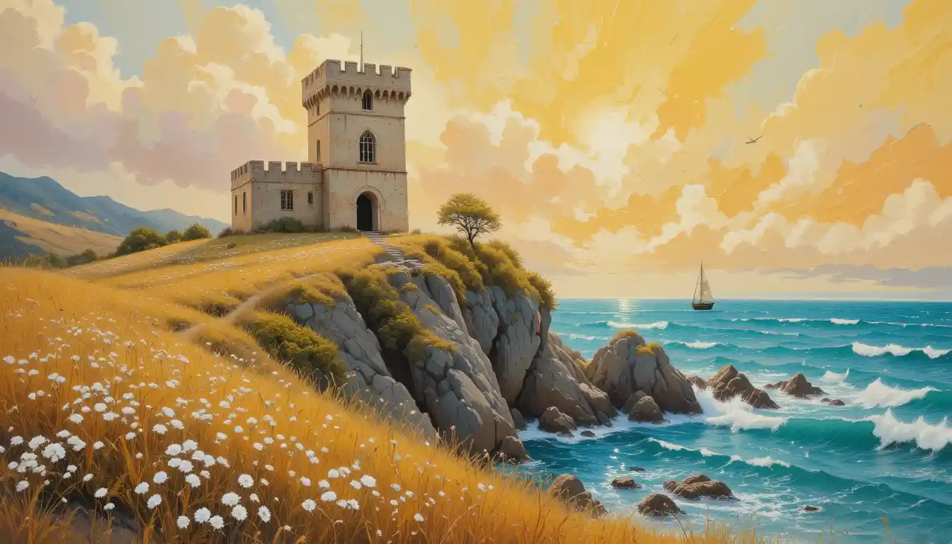 Impressionist sunset castle on a rocky coastal cliff